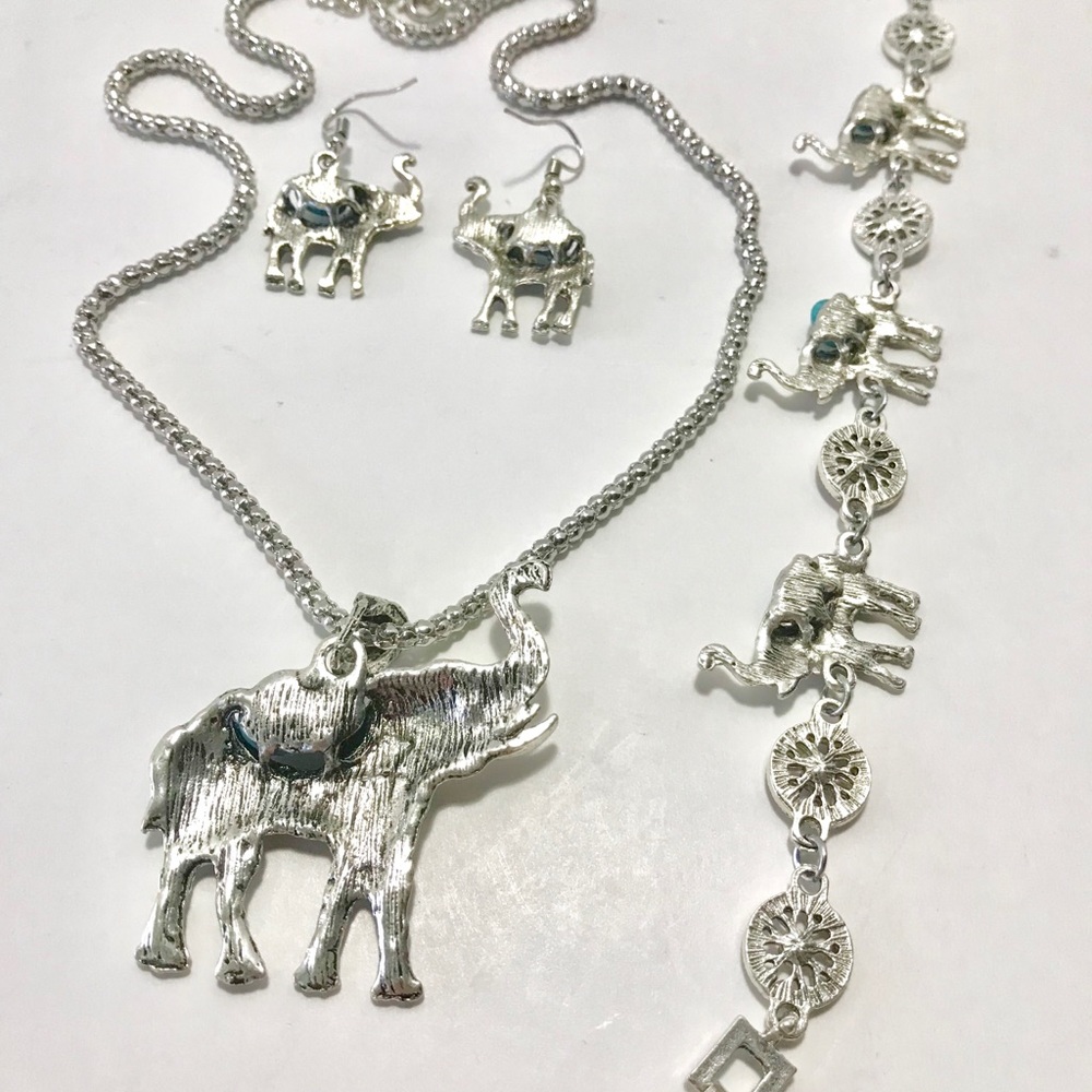 Elephant Statement Necklace Earrings Bracelet Set - Picture 5 of 5